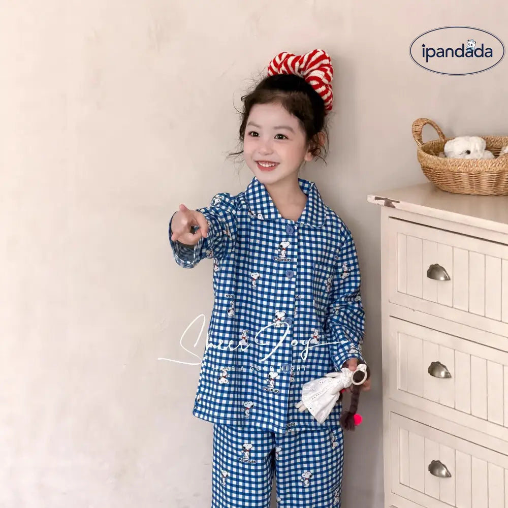 スヌーピー ブルーチェック パジャマ セットアップ キッズ 春 親子 長袖 もこもこ 柔肌仕様 大人気キャラクター 2点セット 子供用 ID4014 ベビー＆キッズ＞キッズ