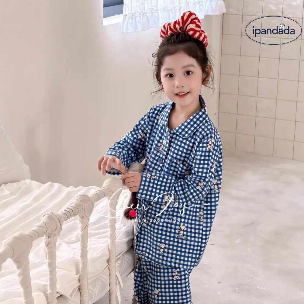 スヌーピー ブルーチェック パジャマ セットアップ キッズ 春 親子 長袖 もこもこ 柔肌仕様 大人気キャラクター 2点セット 子供用 ID4014 ベビー＆キッズ＞キッズ