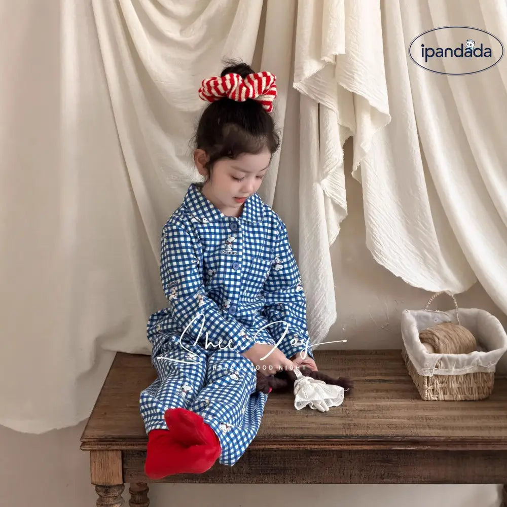 スヌーピー ブルーチェック パジャマ セットアップ キッズ 春 親子 長袖 もこもこ 柔肌仕様 大人気キャラクター 2点セット 子供用 ID4014 ベビー＆キッズ＞キッズ