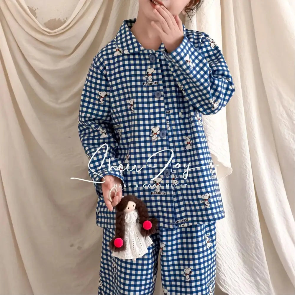 スヌーピー ブルーチェック パジャマ セットアップ キッズ 春 親子 長袖 もこもこ 柔肌仕様 大人気キャラクター 2点セット 子供用 ID4014 タイプ① / 110cm ベビー＆キッズ＞キッズ