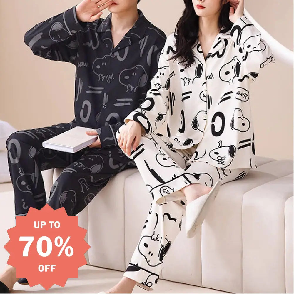 スヌーピー カップル パジャマ セットアップ 春秋 新作 コットン カーディガン 長袖 ゆったり シンプル ルームウェア セット お揃い 夫婦 ID4458 コーディネート＞ペアルック