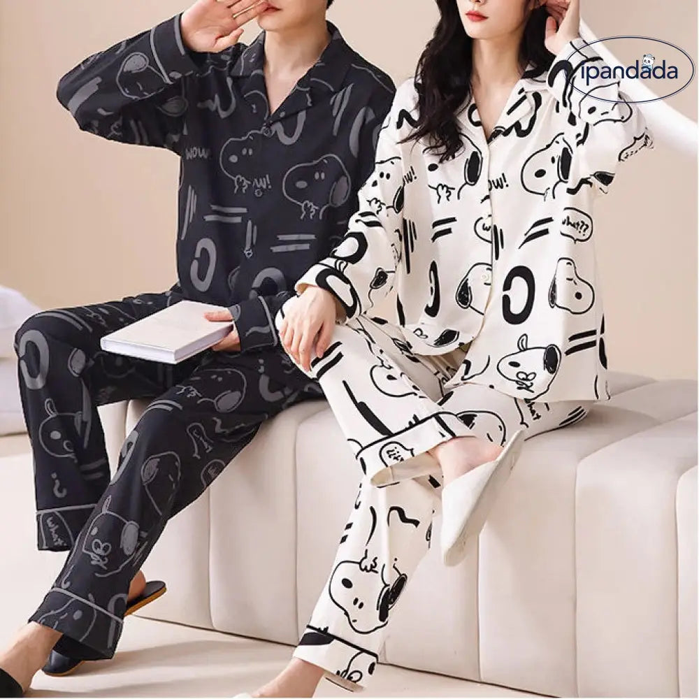 スヌーピー カップル パジャマ セットアップ 春秋 新作 コットン カーディガン 長袖 ゆったり シンプル ルームウェア セット お揃い 夫婦 ID4458 コーディネート＞ペアルック