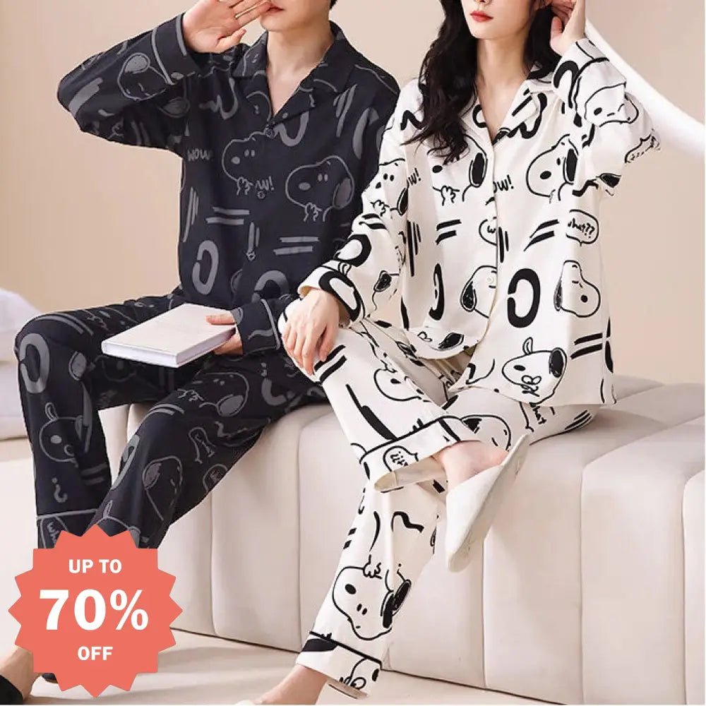 スヌーピー カップル パジャマ セットアップ 春秋 新作 コットン カーディガン 長袖 ゆったり シンプル ルームウェア セット お揃い 夫婦 ID4458 コーディネート＞ペアルック