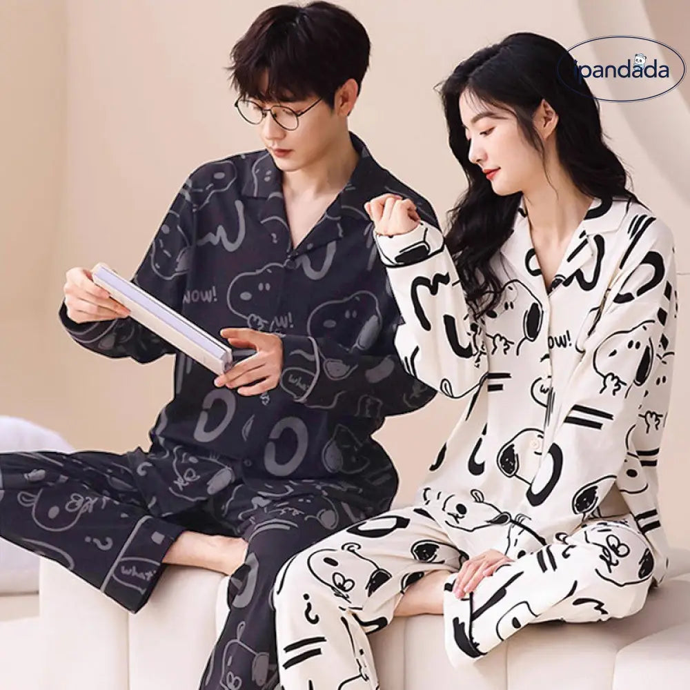 スヌーピー カップル パジャマ セットアップ 春秋 新作 コットン カーディガン 長袖 ゆったり シンプル ルームウェア セット お揃い 夫婦 ID4458 コーディネート＞ペアルック