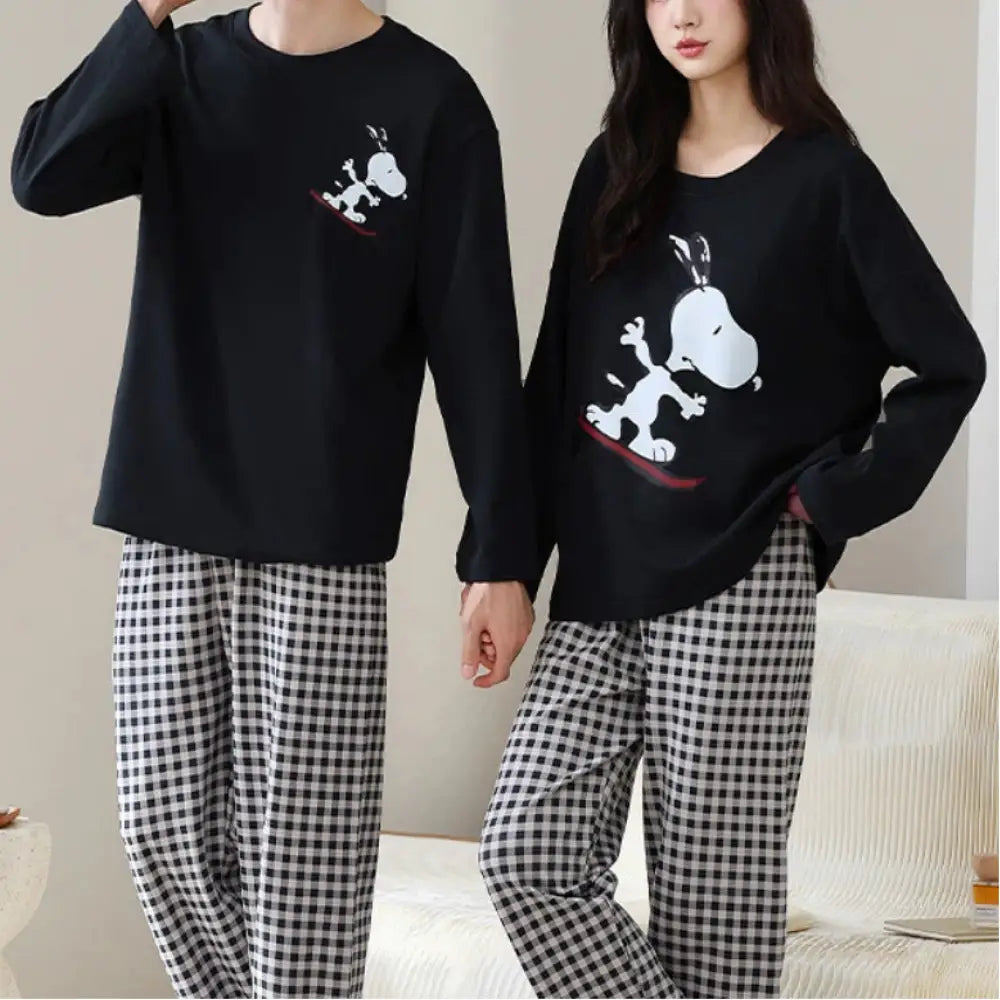 スヌーピー カップル パジャマ 上下セット メンズ レディース ルームウェア ペアルック 長袖 柔らかい 快適 シンプル 可愛い 部屋着 ナイトウェア 秋冬 用 お揃い コーデ ID3431 タイプ① / M コーディネート＞ペアルック