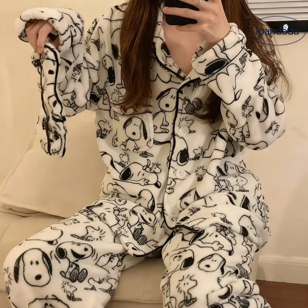 スヌーピー コーラル フリース パジャマ レディース 新作 秋冬 外出可能 保温 ルームウェア 2点セット ID2913