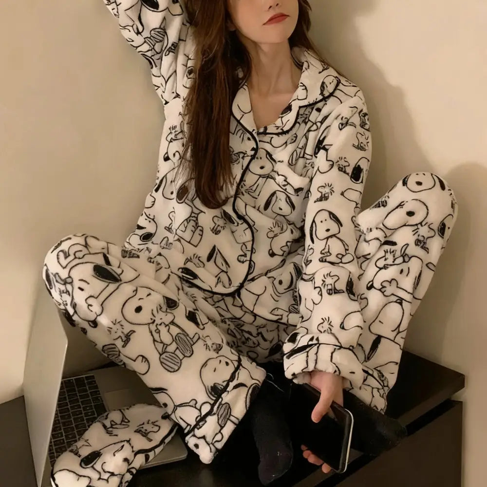 スヌーピー コーラル フリース パジャマ レディース 新作 秋冬 外出可能 保温 ルームウェア 2点セット ID2913