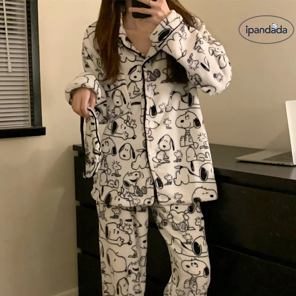 スヌーピー コーラル フリース パジャマ レディース 新作 秋冬 外出可能 保温 ルームウェア 2点セット ID2913