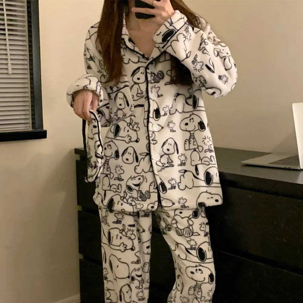 スヌーピー コーラル フリース パジャマ レディース 新作 秋冬 外出可能 保温 ルームウェア 2点セット ID2913 写真通り / M