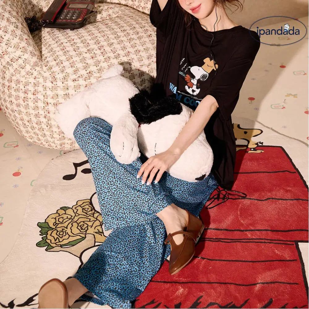 スヌーピー モダールコットン レディース パジャマ 半袖 カートゥーン ヒョウ柄 ロングパンツ 夏用 ルームウェア ID4733