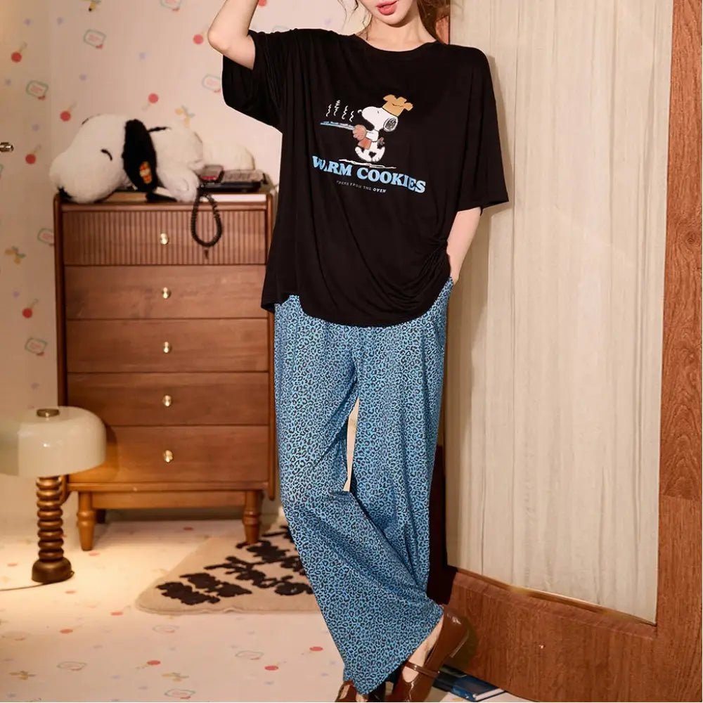 スヌーピー モダールコットン レディース パジャマ 半袖 カートゥーン ヒョウ柄 ロングパンツ 夏用 ルームウェア ID4733 - 写真通り / M