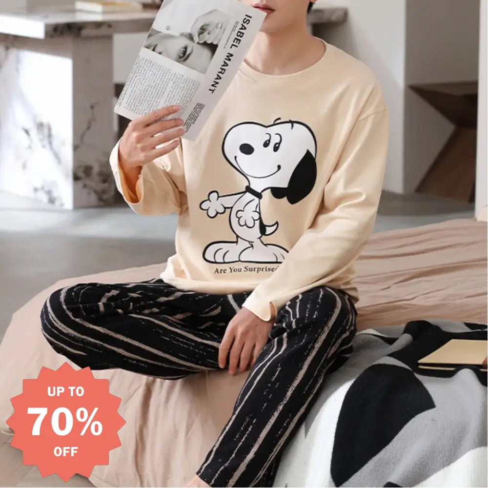 スヌーピー プリント パジャマ メンズ 長袖 上下セット ルームウェア ゆったり 快適 柔らかい 部屋着 シンプル 可愛い ナイトウェア 秋冬 用 着心地抜群 ID3430 タイプ① / L