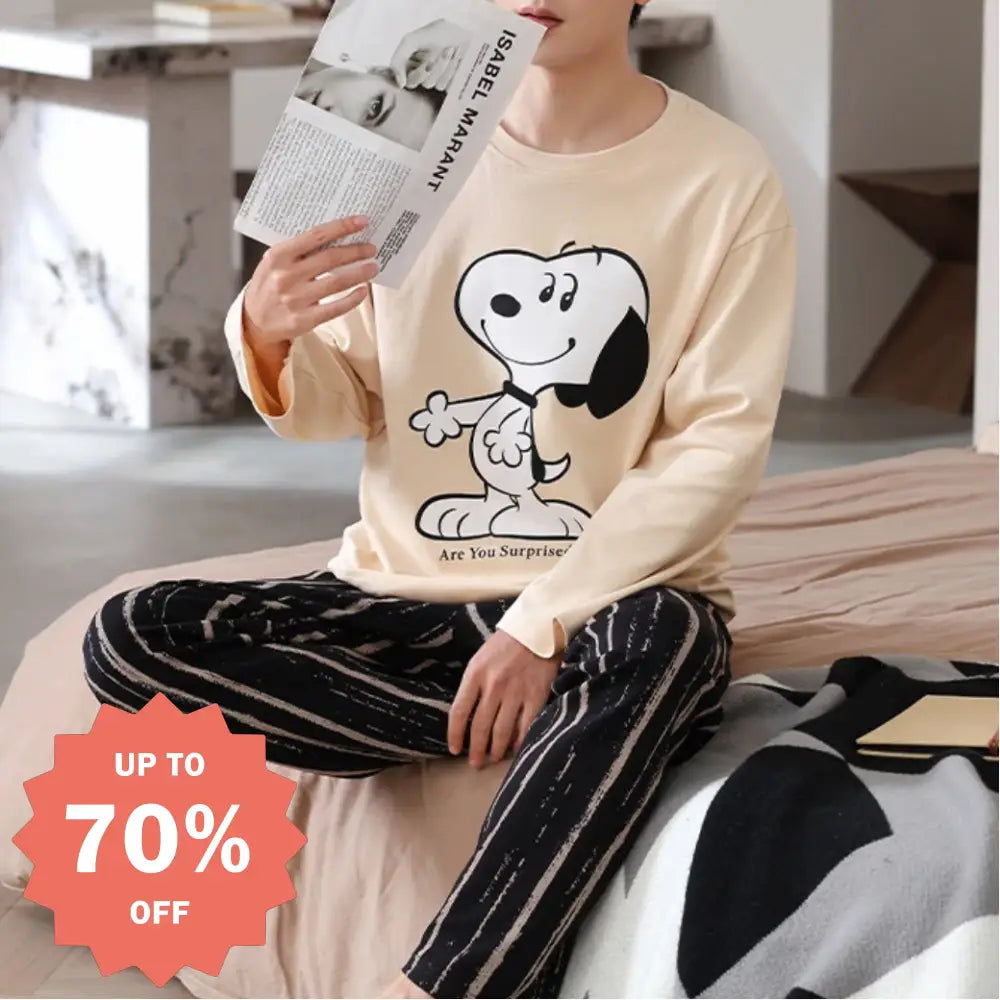 スヌーピー プリント パジャマ メンズ 長袖 上下セット ルームウェア ゆったり 快適 柔らかい 部屋着 シンプル 可愛い ナイトウェア 秋冬 用 着心地抜群 ID3430 タイプ① / L