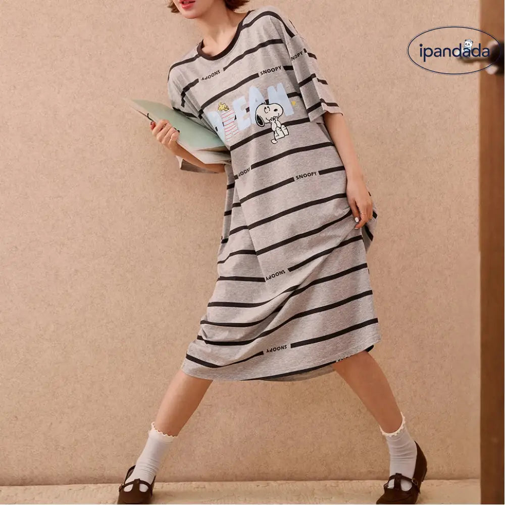 スヌーピー レディース 半袖 パジャマ ワンピース カジュアルストライプ 夏用 ルームウェア ID4732