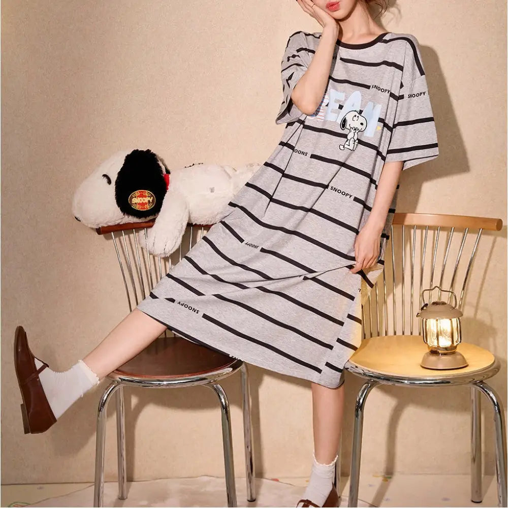 スヌーピー レディース 半袖 パジャマ ワンピース カジュアルストライプ 夏用 ルームウェア ID4732 - グレー / M