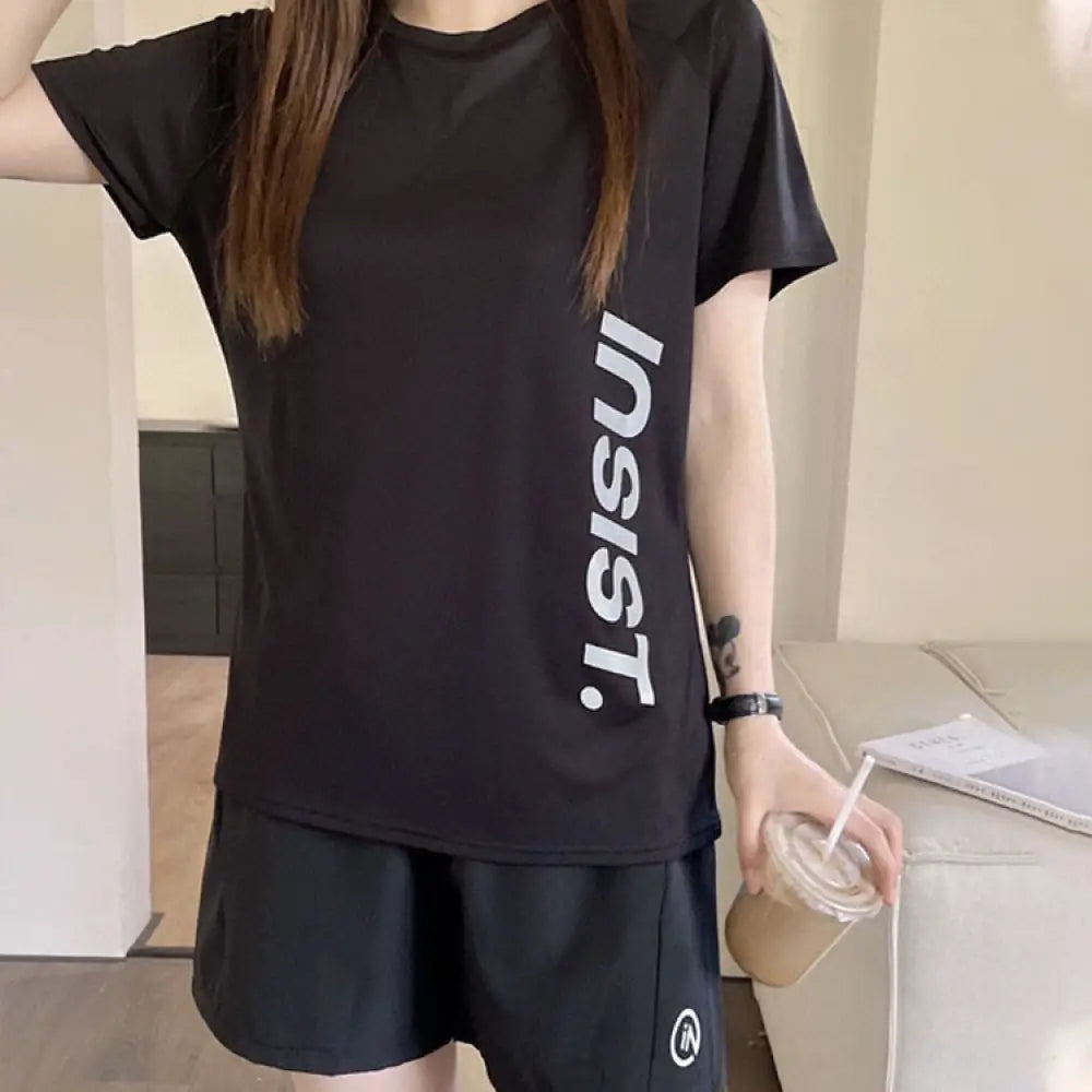 ID1297 スポーツウェア レディース 夏 ランニング アウトドア Tシャツ ショートパンツ セットアップ 通気性 速乾 吸汗 超軽量 快適 膝上丈 2点セット 全6色 ブラック / M 外出着＞セットアップ