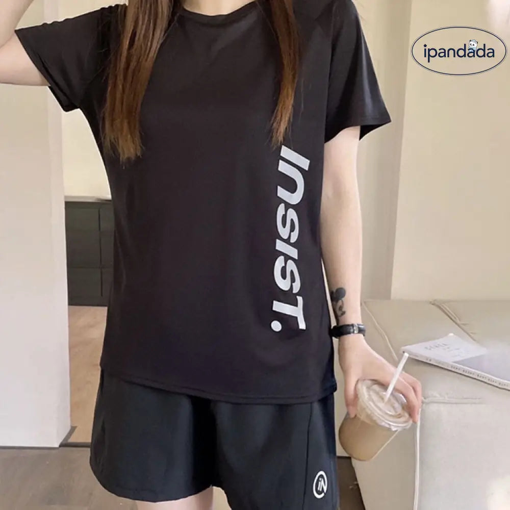 ID1297 スポーツウェア レディース 夏 ランニング アウトドア Tシャツ ショートパンツ セットアップ 通気性 速乾 吸汗 超軽量 快適 膝上丈 2点セット 全6色 ブラック / M 外出着＞セットアップ