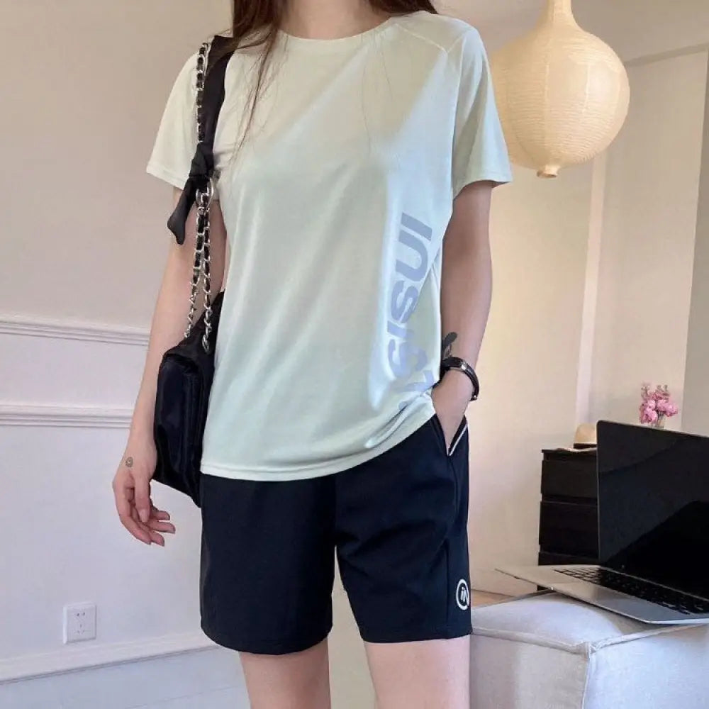 ID1297 スポーツウェア レディース 夏 ランニング アウトドア Tシャツ ショートパンツ セットアップ 通気性 速乾 吸汗 超軽量 快適 膝上丈 2点セット 全6色 ライトグリーン / M 外出着＞セットアップ