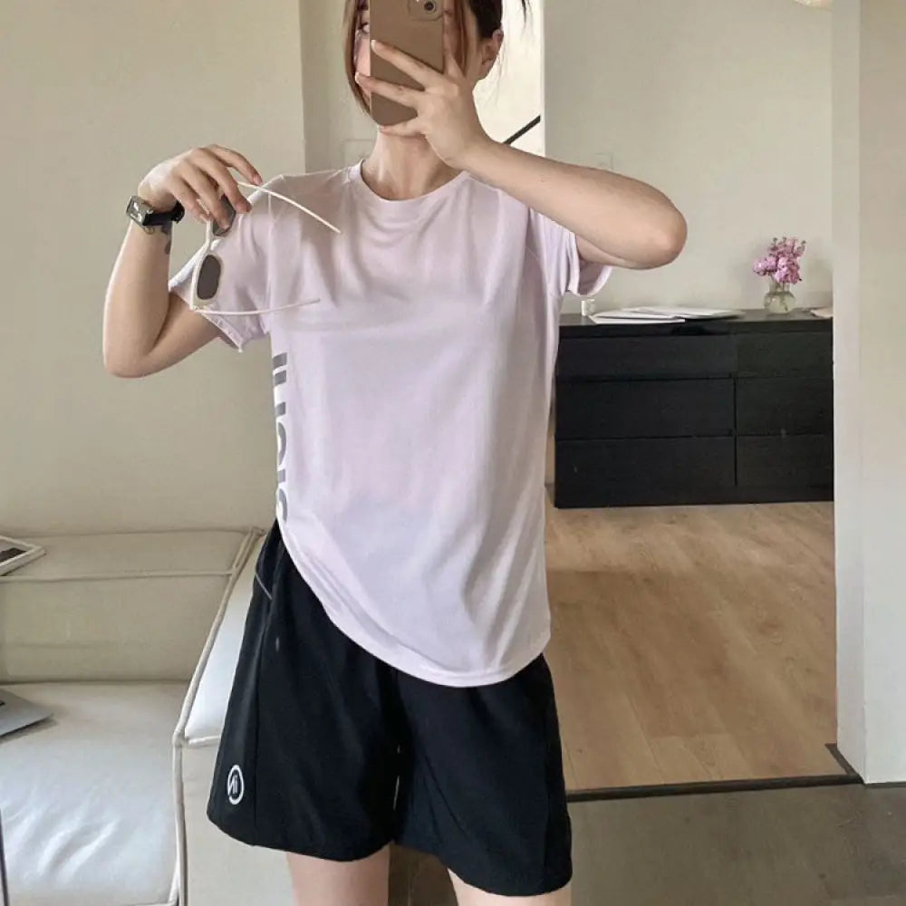 ID1297 スポーツウェア レディース 夏 ランニング アウトドア Tシャツ ショートパンツ セットアップ 通気性 速乾 吸汗 超軽量 快適 膝上丈 2点セット 全6色 ライトパープル / M 外出着＞セットアップ