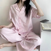 レディースパジャマセット 夏用 半袖＋ロングパンツ ピンク系 キュート ラペル襟デザイン ゆるふわ ルームウェア (S～4XL) 部屋着 外出着 ID1908