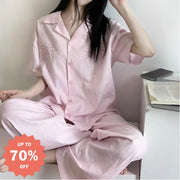 レディースパジャマセット 夏用 半袖＋ロングパンツ ピンク系 キュート ラペル襟デザイン ゆるふわ ルームウェア (S～4XL) 部屋着 外出着 ID1908