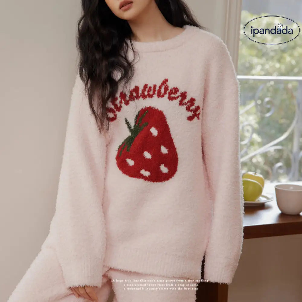 スタイルアップ いちご パジャマ レディース 上下セット 可愛いパジャマ アルファベット あったか ゆったり 女の子 ピンク / M レディース＞セットアップ