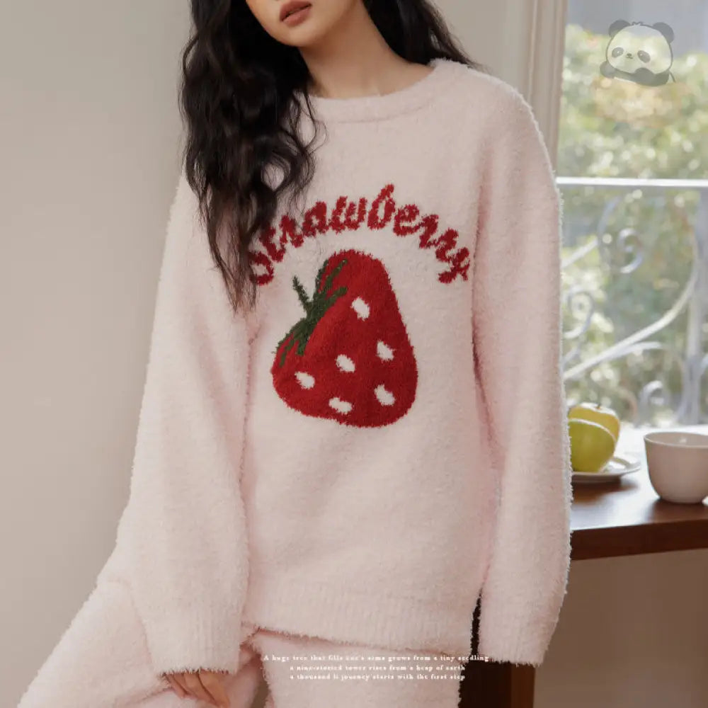 スタイルアップ いちご パジャマ レディース 上下セット 可愛いパジャマ アルファベット あったか ゆったり 女の子 ピンク / M レディース＞セットアップ