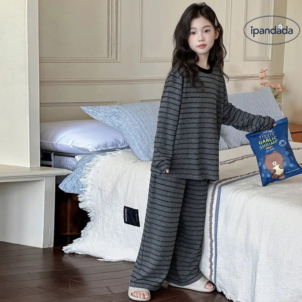 ストライプ柄 春 新作 キッズ パジャマセット 長袖 長ズボン モダン 可愛い 中大童向け ゆったり ルームウェア セットアップ ID4008 ベビー＆キッズ＞キッズ
