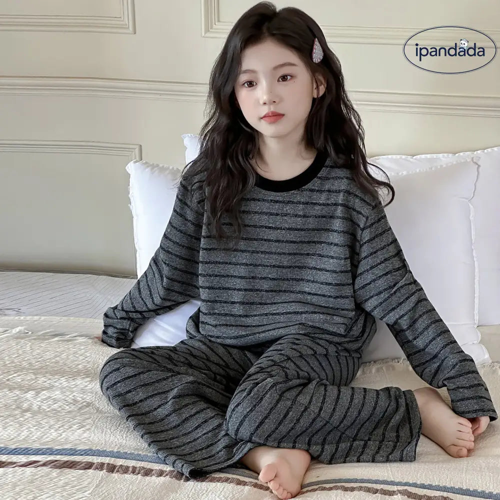 ストライプ柄 春 新作 キッズ パジャマセット 長袖 長ズボン モダン 可愛い 中大童向け ゆったり ルームウェア セットアップ ID4008 ベビー＆キッズ＞キッズ
