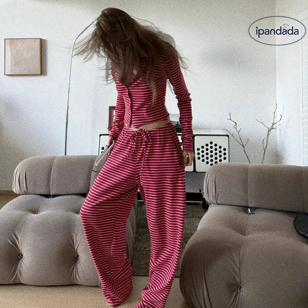 ストライプ柄 ルームウェア ホーム パジャマ レディース 上下セット カーディガン パンツ フレッシュ ガーリー ギフト シンプル かわいい パジャマ おしゃれ ナイトウェア 寝間着 春 夏 秋 レディース＞セットアップ