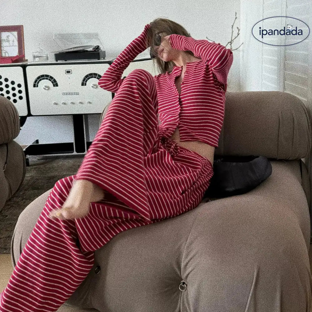 ストライプ柄 ルームウェア ホーム パジャマ レディース 上下セット カーディガン パンツ フレッシュ ガーリー ギフト シンプル かわいい パジャマ おしゃれ ナイトウェア 寝間着 春 夏 秋 レディース＞セットアップ