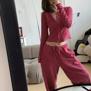 ストライプ柄 ルームウェア ホーム パジャマ レディース 上下セット カーディガン パンツ フレッシュ ガーリー ギフト シンプル かわいい パジャマ おしゃれ ナイトウェア 寝間着 春 夏 秋 写真通り / S レディース＞セットアップ