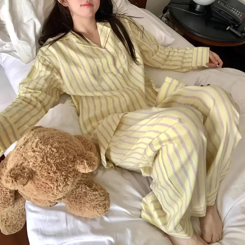 ストライプ 春 パジャマ パンツ セット 快適 長袖 襟付き カジュアル 部屋着 女の子 ルームウェア かわいい おしゃれ 女性 ID4361 イエロー / M レディース＞セットアップ