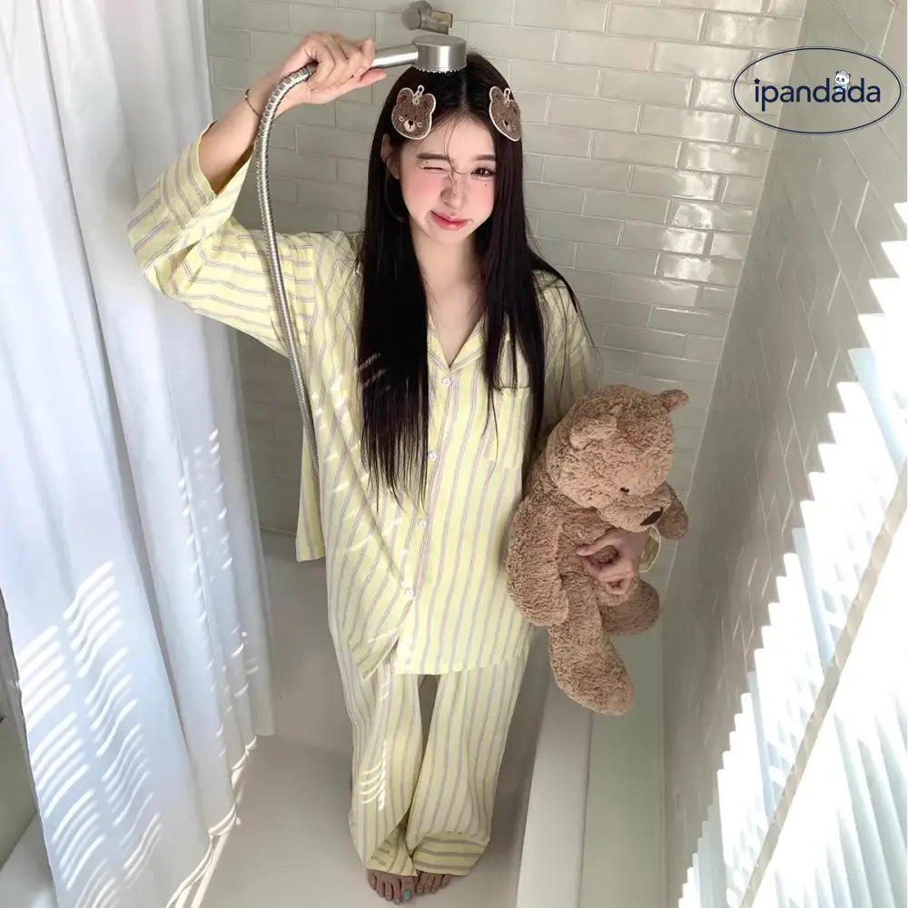 ストライプ 春 パジャマ パンツ セット 快適 長袖 襟付き カジュアル 部屋着 女の子 ルームウェア かわいい おしゃれ 女性 ID4361 レディース＞セットアップ