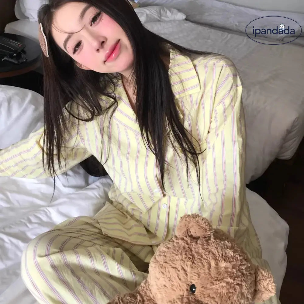 ストライプ 春 パジャマ パンツ セット 快適 長袖 襟付き カジュアル 部屋着 女の子 ルームウェア かわいい おしゃれ 女性 ID4361 レディース＞セットアップ