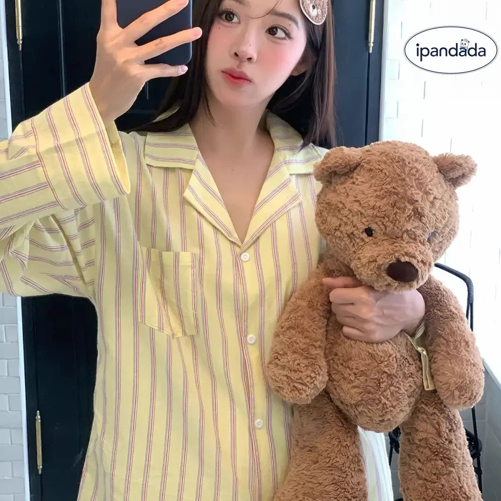 ストライプ 春 パジャマ パンツ セット 快適 長袖 襟付き カジュアル 部屋着 女の子 ルームウェア かわいい おしゃれ 女性 ID4361 レディース＞セットアップ