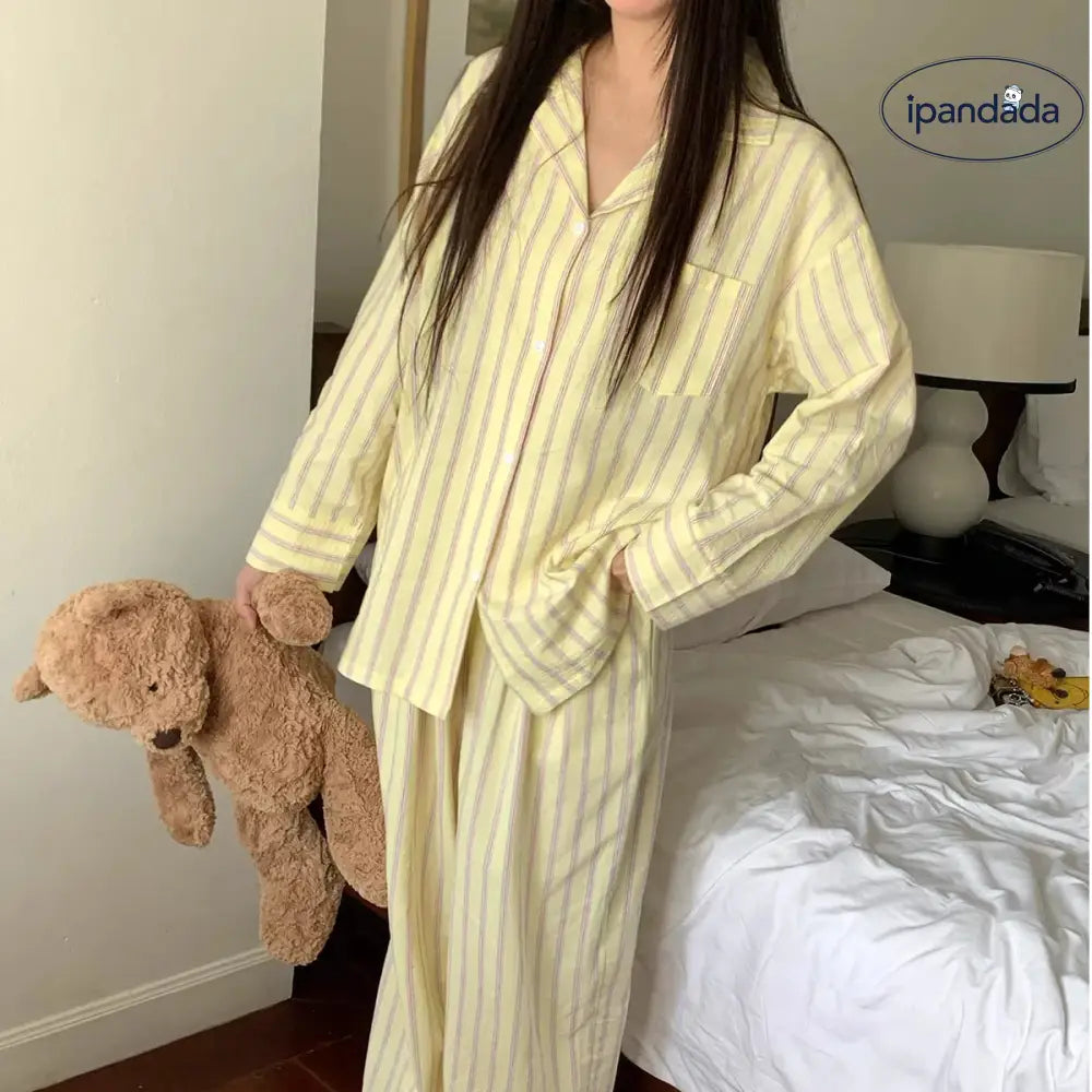 ストライプ 春 パジャマ パンツ セット 快適 長袖 襟付き カジュアル 部屋着 女の子 ルームウェア かわいい おしゃれ 女性 ID4361 レディース＞セットアップ