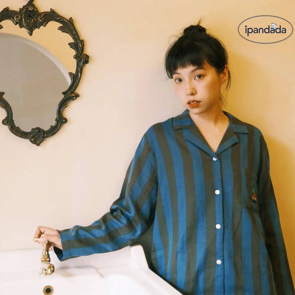 ストライプ 刺繍 カップル パジャマ セット 春秋 ダブルガーゼ 長袖 ソフト肌触り ルームウェア お揃い 部屋着 シンプル 2点セット ID4163