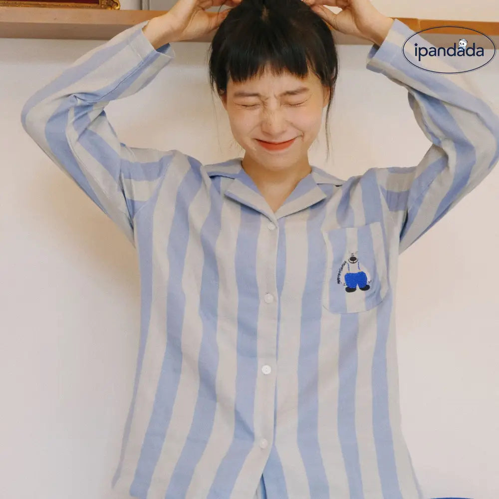 ストライプ 刺繍 カップル パジャマ セット 春秋 ダブルガーゼ 長袖 ソフト肌触り ルームウェア お揃い 部屋着 シンプル 2点セット ID4163