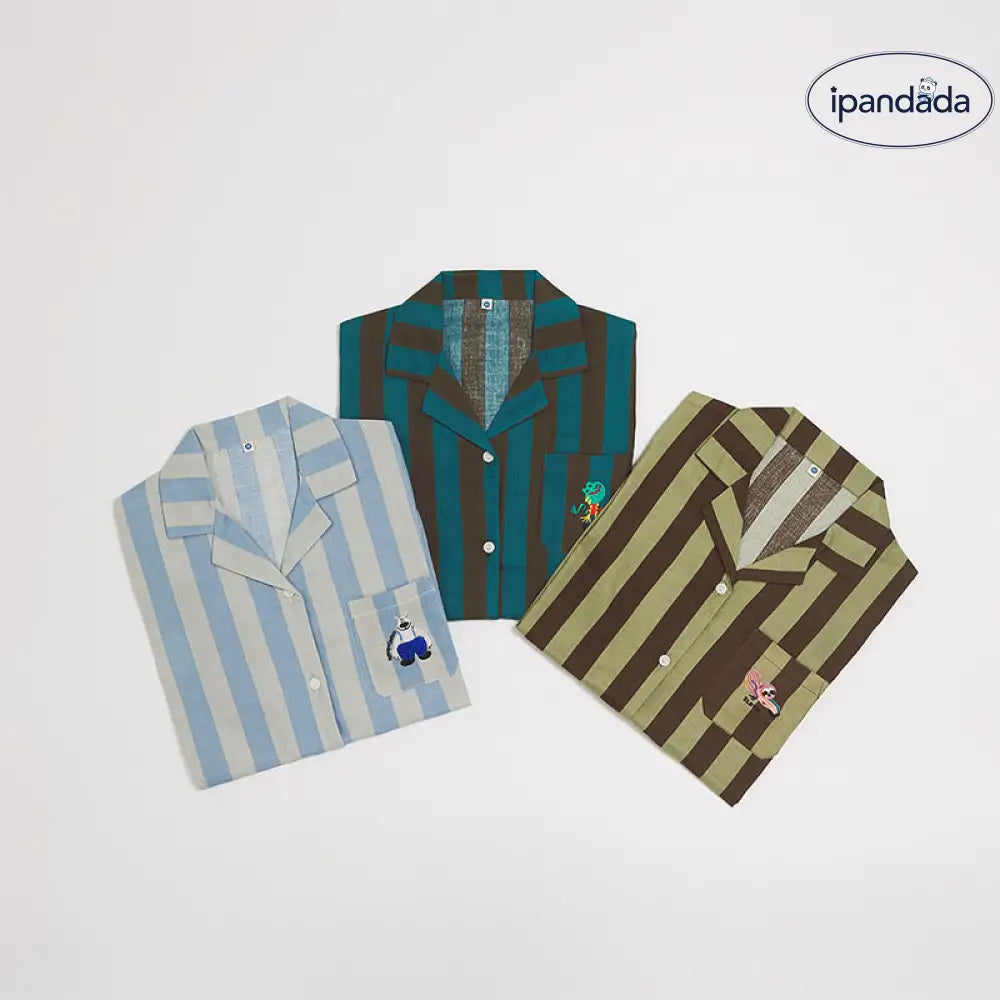 ストライプ 刺繍 カップル パジャマ セット 春秋 ダブルガーゼ 長袖 ソフト肌触り ルームウェア お揃い 部屋着 シンプル 2点セット ID4163