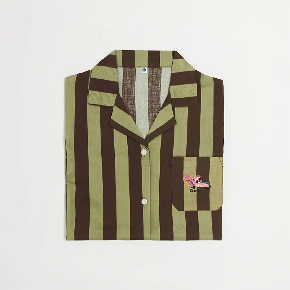 ストライプ 刺繍 カップル パジャマ セット 春秋 ダブルガーゼ 長袖 ソフト肌触り ルームウェア お揃い 部屋着 シンプル 2点セット ID4163 男性 ブラウン / M