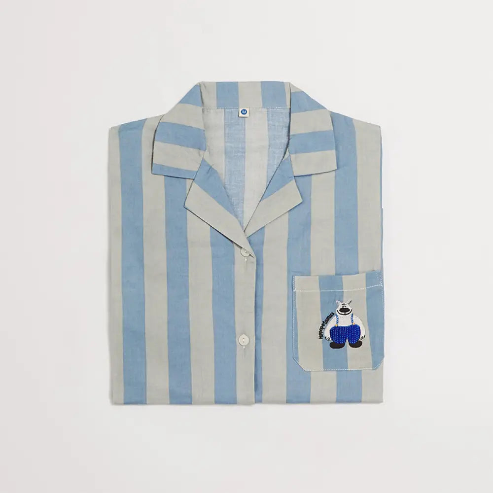 ストライプ 刺繍 カップル パジャマ セット 春秋 ダブルガーゼ 長袖 ソフト肌触り ルームウェア お揃い 部屋着 シンプル 2点セット ID4163 男性 ブルー / M