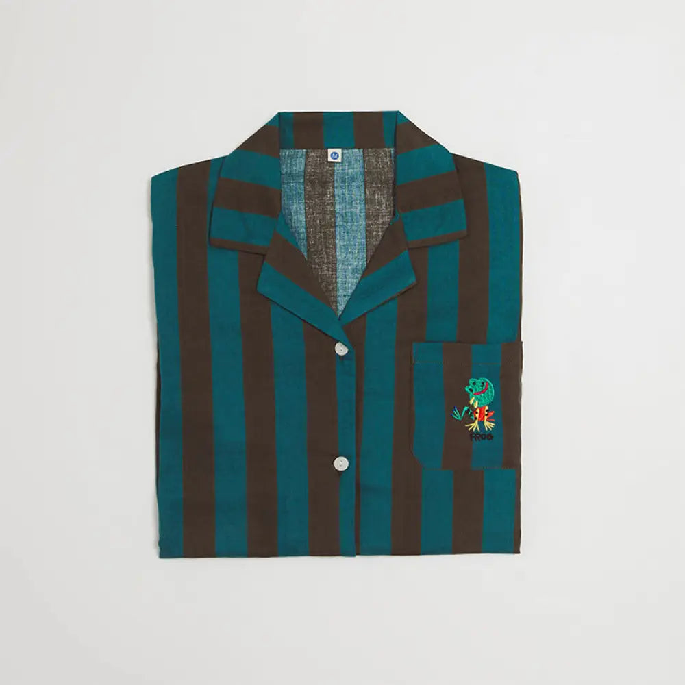 ストライプ 刺繍 カップル パジャマ セット 春秋 ダブルガーゼ 長袖 ソフト肌触り ルームウェア お揃い 部屋着 シンプル 2点セット ID4163 男性 グリーン / M