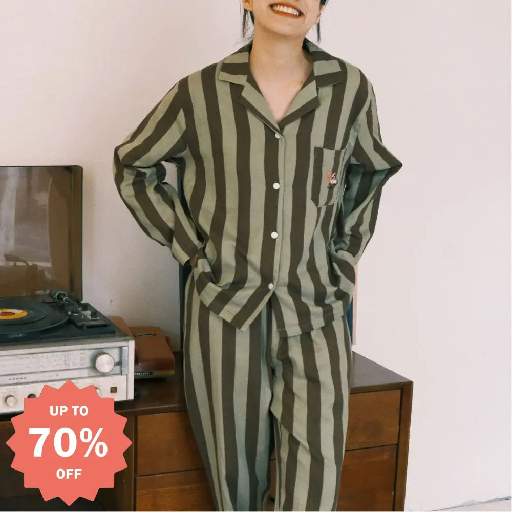 ストライプ 刺繍 カップル パジャマ セット 春秋 ダブルガーゼ 長袖 ソフト肌触り ルームウェア お揃い 部屋着 シンプル 2点セット ID4163 女性 ブラウン / M