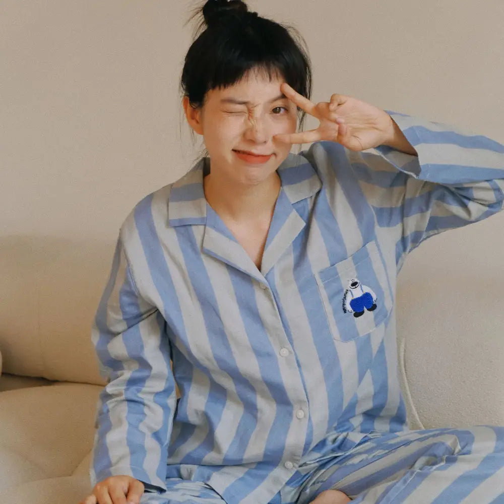 ストライプ 刺繍 カップル パジャマ セット 春秋 ダブルガーゼ 長袖 ソフト肌触り ルームウェア お揃い 部屋着 シンプル 2点セット ID4163 女性 ブルー / M