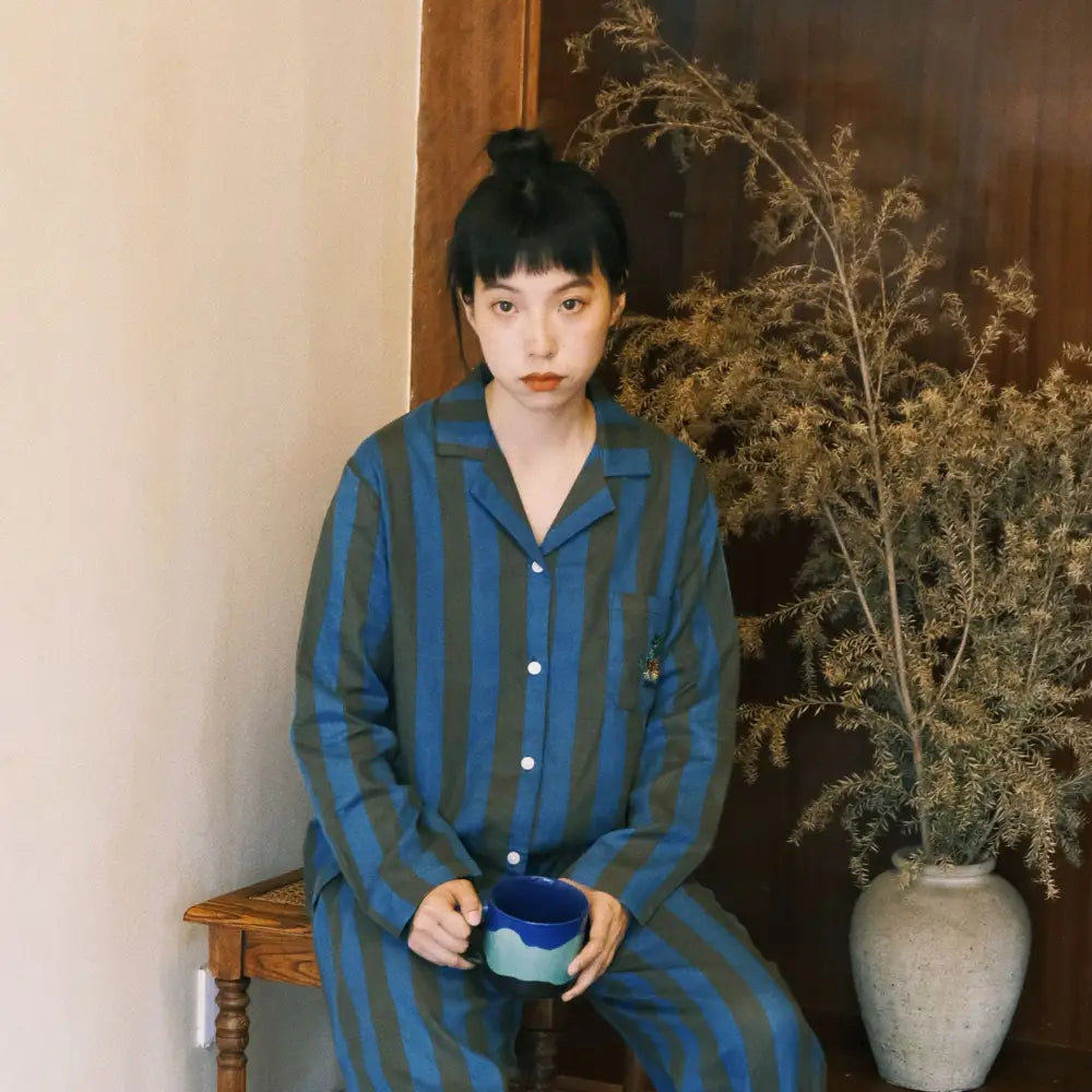 ストライプ 刺繍 カップル パジャマ セット 春秋 ダブルガーゼ 長袖 ソフト肌触り ルームウェア お揃い 部屋着 シンプル 2点セット ID4163 女性 グリーン / M