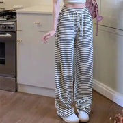 ID1724 ストライプ ドレープ カジュアルパンツ レディース 夏用 ドラッグ丈 ストレートパンツ ゆったり ハイウエスト ワイドレッグ 散歩用 パンツ