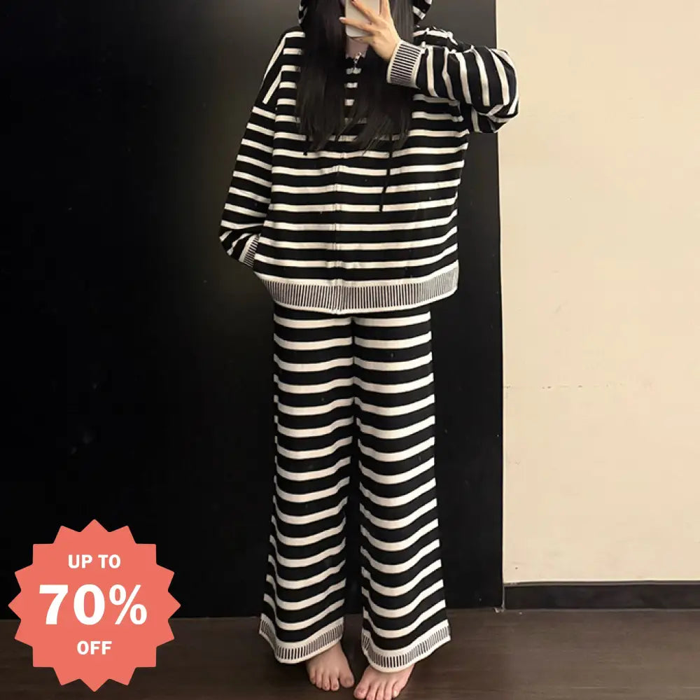 ストライプ フード付き パジャマ レディース 春秋 秋冬 休闲 長袖 長ズボン ルームウェア セット ID2677