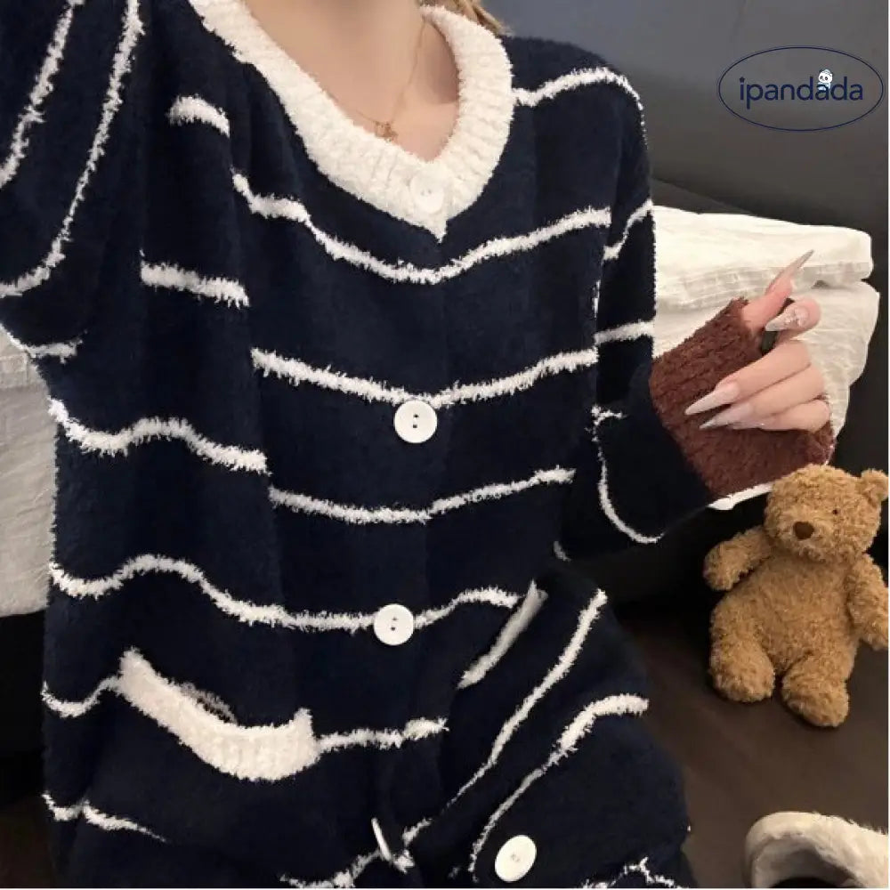 ストライプ フリース パジャマ レディース 秋冬 大きいサイズ 長袖 長パンツ ルームウェア セット ID3339