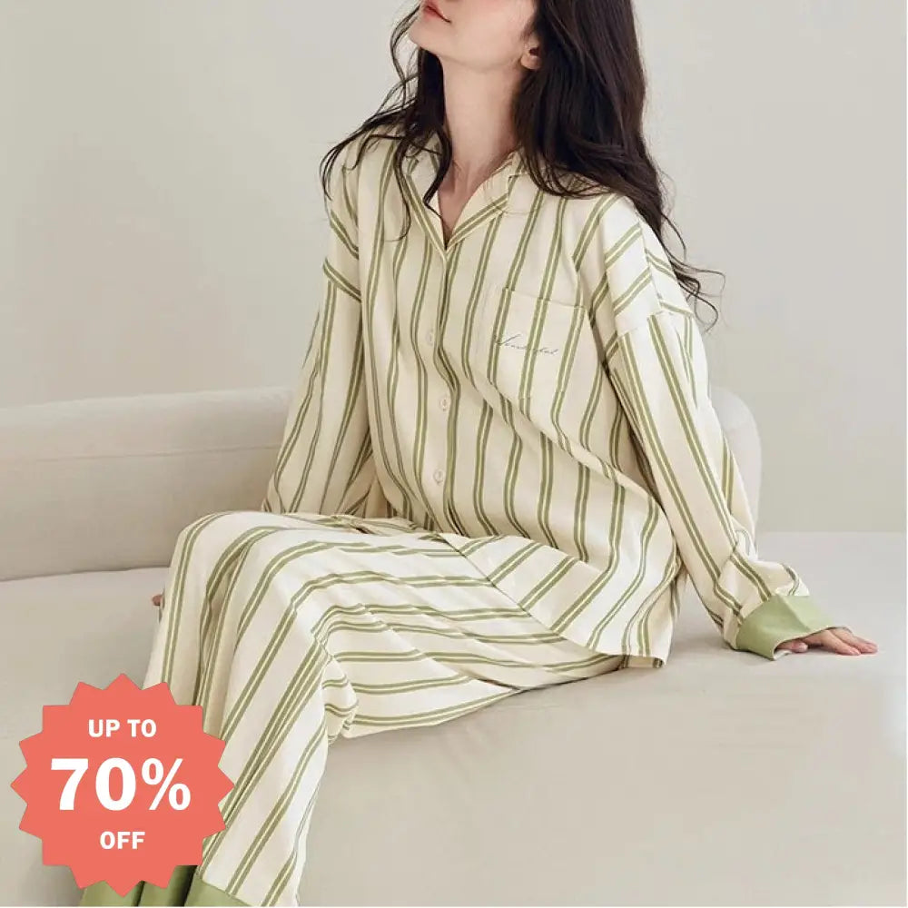 ストライプ グリーン パジャマ レディース 長袖 カーディガンタイプ おしゃれ 上品 リラックス 秋冬 春 あったか ルームウェア セット プレゼント ID4400 グリーン / M レディース＞セットアップ